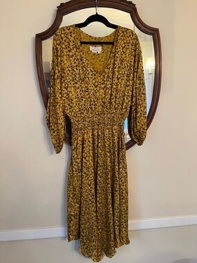 Anthropologie Mustard Floral-Print Midi Dress Large Lined EUC